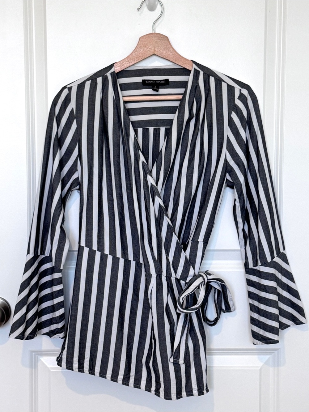Banana Republic Black & White Striped Wrap Blouse